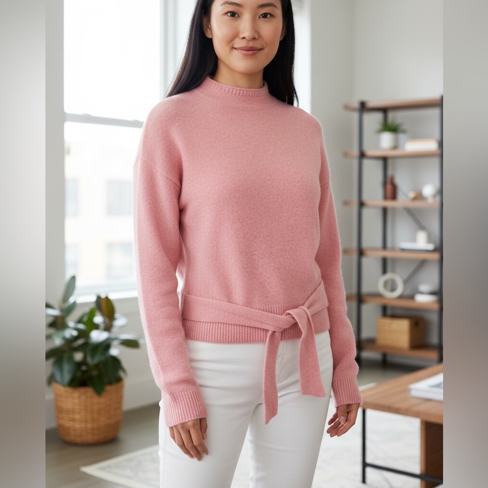 Wayf Pink Crew Neck Knit Sweater with Knot Detail NWT